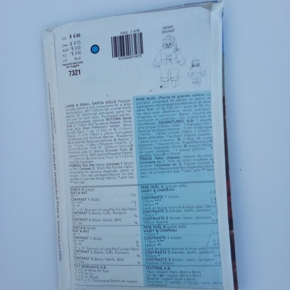 Vintage Vogue Sewing Pattern 7321 Santa Claus & Clothes Saint Nick Christmas - Picture 3 of 3
